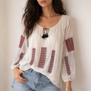 Love Sam Ivory Sheer Embroidered Silk Peasant Top XS Boho Prairie Folkcore